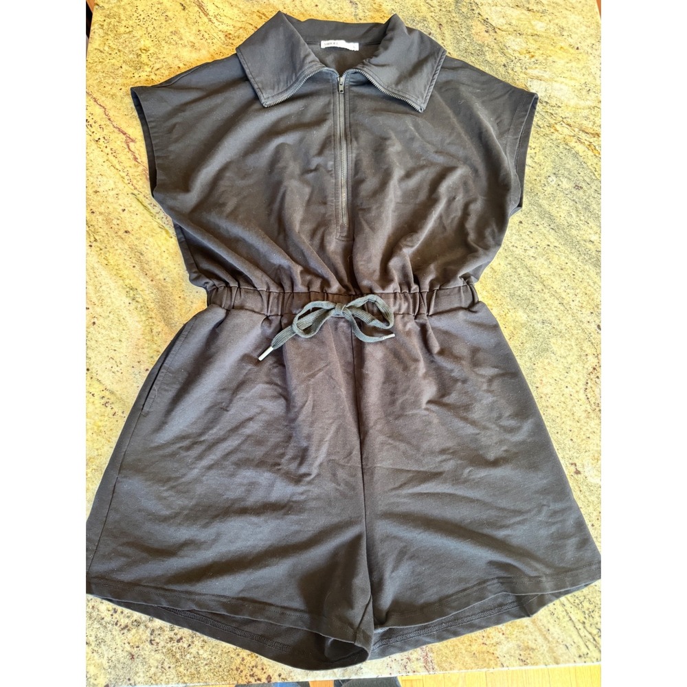 MIHOLL Womens Black Quarter Zip Short Romper Elastic Waist Pockets Size L
